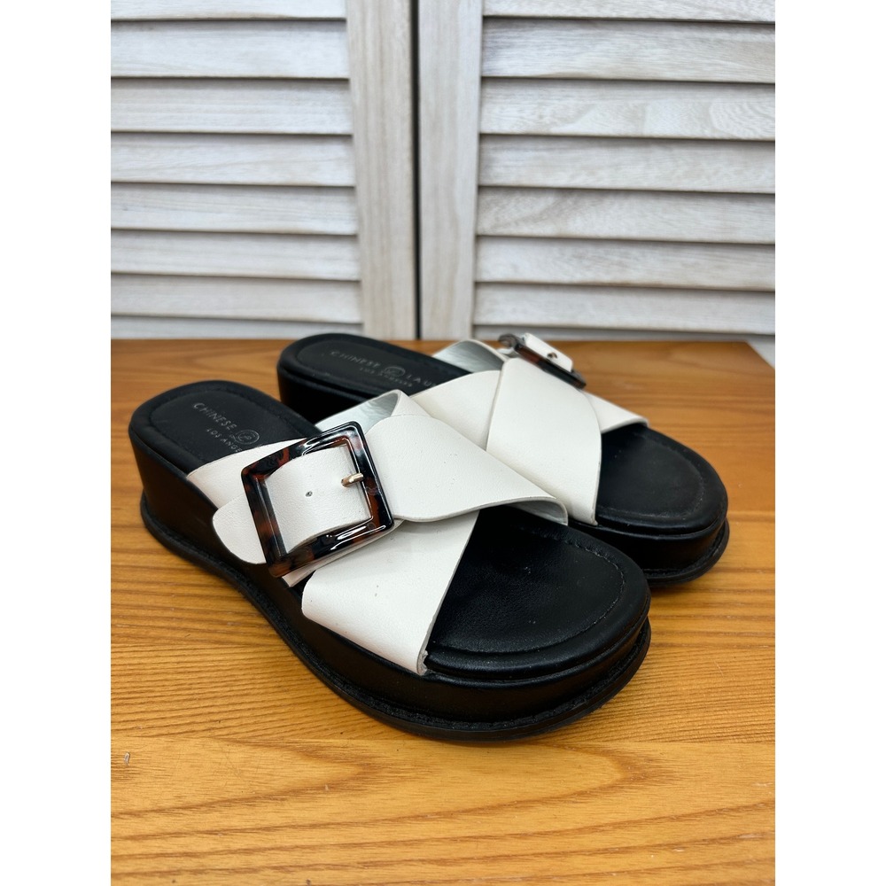 Chinese Laundry Platform Slide Sandals 6 White Womens Buckle Chunky Retro